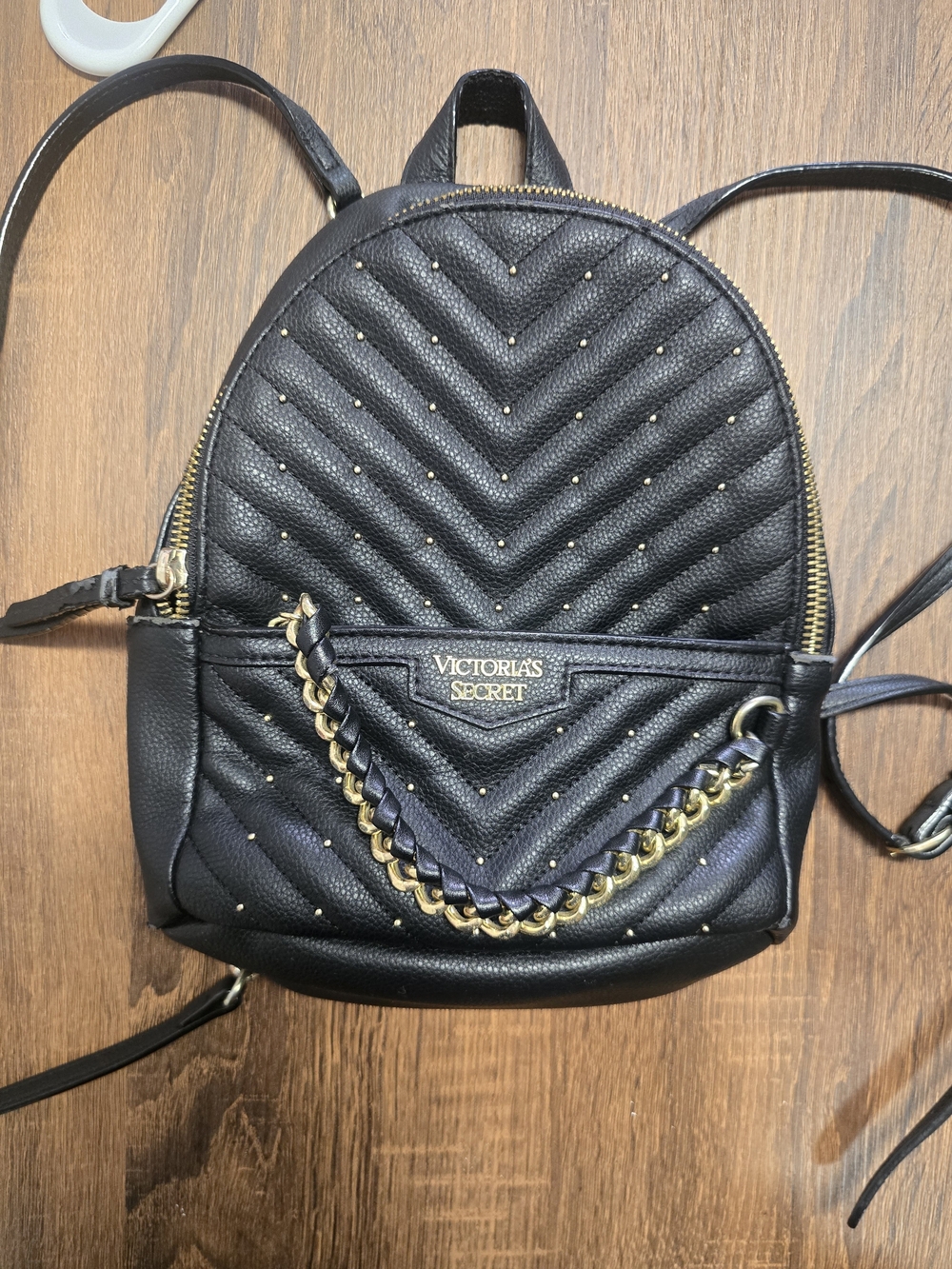 Victoria’s Secret Black Quilted Mini Backpack Gold Studded Chain Logo